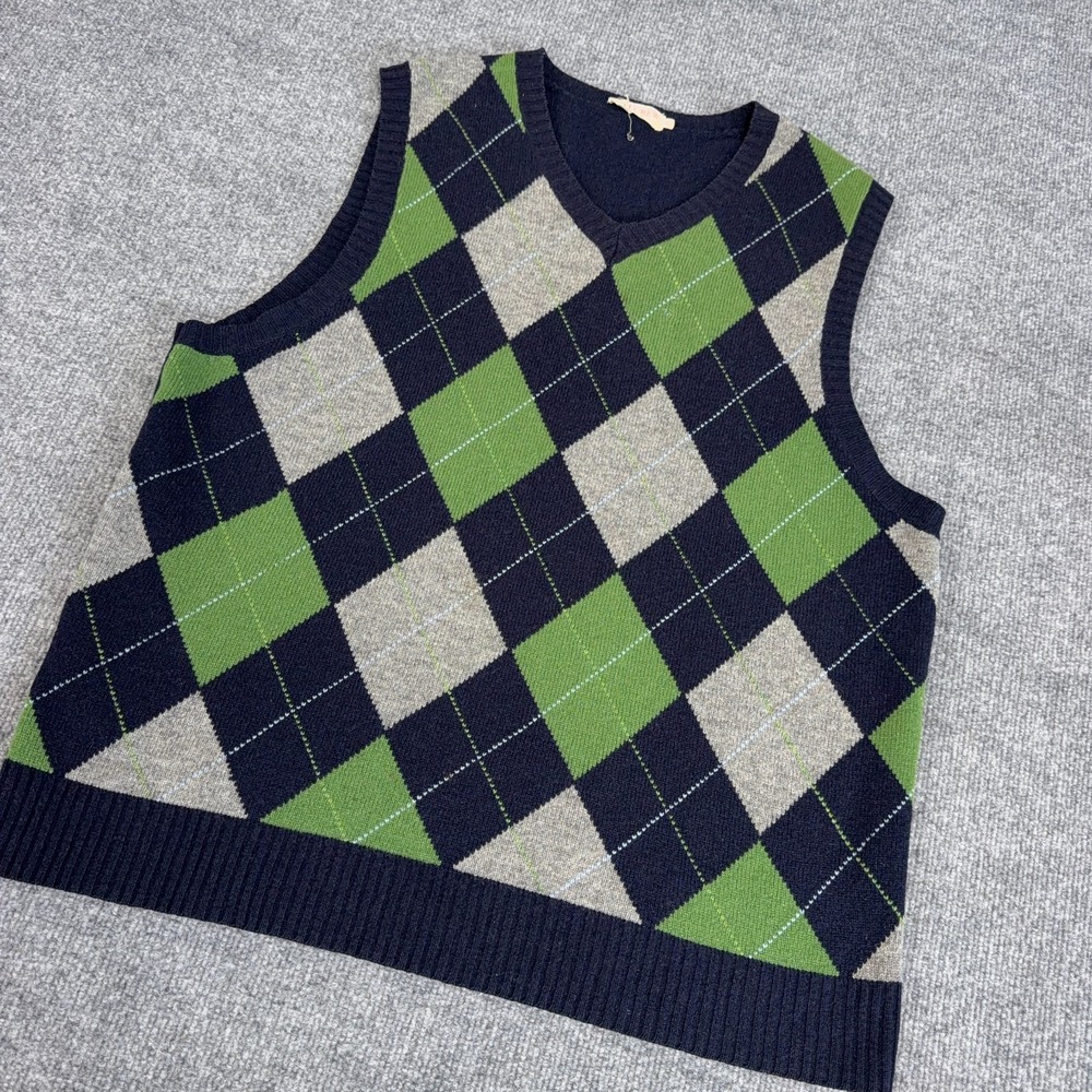 J.CREW Sweater Vest Men XL Green Navy Blue Argyle V Neck Lambswool Wool *READ*